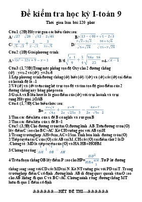 Đề kiểm tra học kỳ 1 môn Toán Lớp 9 (Có đáp án)